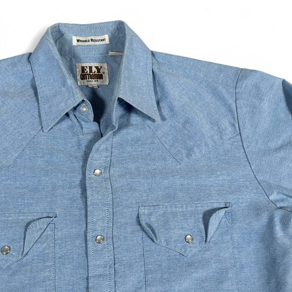 Vintage Ely Cattleman Western Shirt Adult SMALL Blue Chambray Cowboy Pearl Snap - Picture 2 of 9